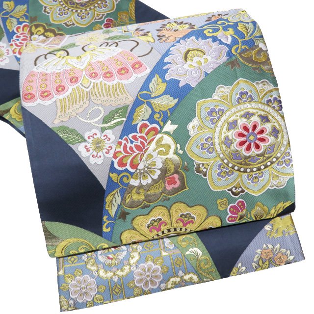 【 中古 】 袋帯 リサイクル 正絹 フォーマル 仕立て上がり 六通 青海花華文 花兎 隠れ蓑 箔糸 錆鼠色 多色 金 A970-14 [ 和服 お茶会 お茶席 茶道 着物 帯 kimono 通販 購入 送料無料 きもの北條]｜特選リサイクル着物　きもの北條