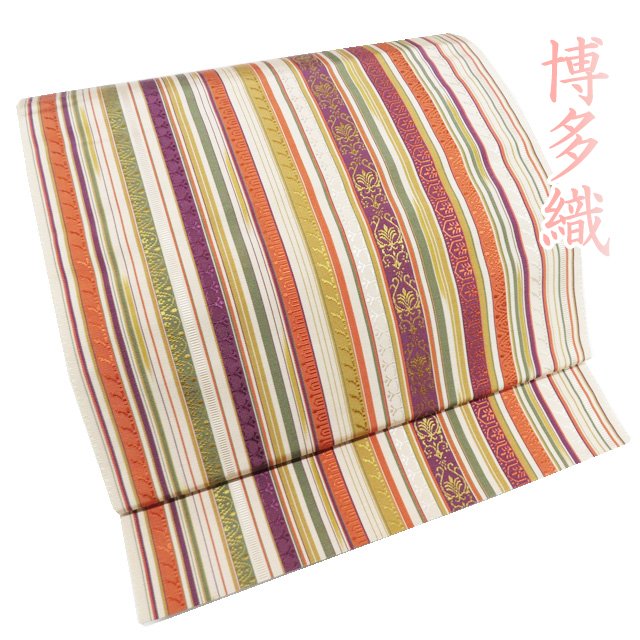 【 中古 】 名古屋帯 なごや帯 リサイクル 正絹 カジュアル 仕立て上がり 全通 博多織 縦段模様 砂色 多色 A1215-14 [和服 お茶会 お茶席 茶道 kimono アウトレット 送料無料 きもの北條]