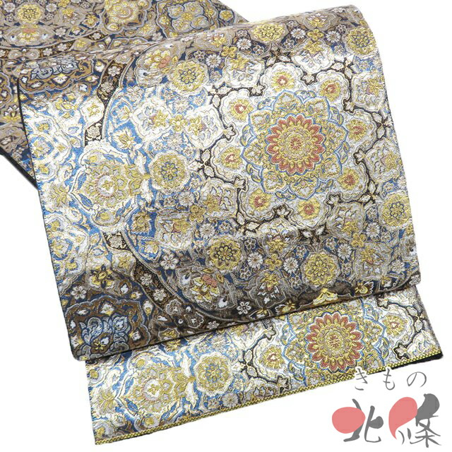 【 中古 】 袋帯 リサイクル 正絹 フォーマル 仕立て上がり 六通 華文 花紋 箔糸 紺色 多色 金銀 A1295-14 [結婚式 お宮参り 七五三 式典 お茶会 お茶席 茶道 利休忌 送料無料 きもの北條]｜特選リサイクル着物　きもの北條