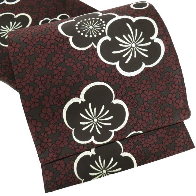 【 中古 】 袋帯 リサイクル 正絹 カジュアル 仕立て上がり 全通 花模様 梅 桜 焦茶色 A980-15 [ 和服 お茶会 お茶席 茶道 着物 帯 kimono 通販 購入 送料無料 きもの北條]