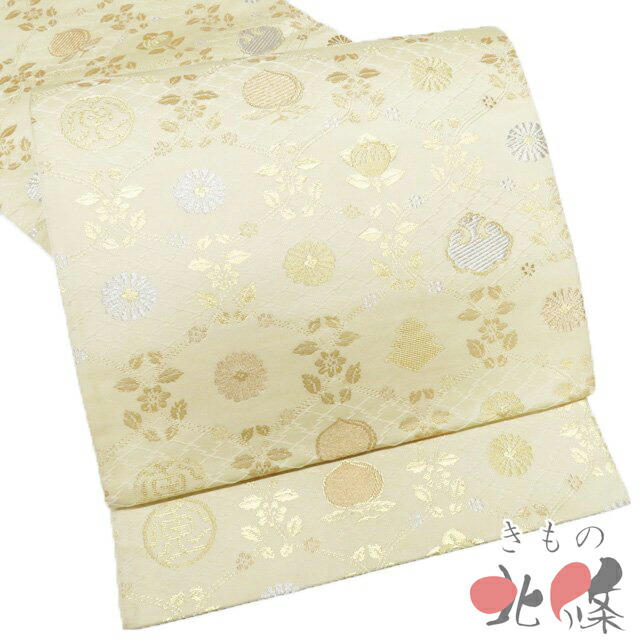 【 中古 】 袋帯 リサイクル 正絹 フォーマル 仕立て上がり 六通 花立涌模様 松皮菱 菊 橘 箔糸 淡黄蘗色 金銀 A1320-15 [結婚式 お宮参り 七五三 式典 お茶会 お茶席 茶道 利休忌 送料無料 きもの北條]｜特選リサイクル着物　きもの北條