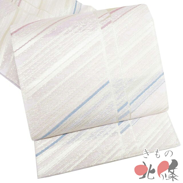 【 未使用 】 夏物 夏帯 袋帯 正絹 フォーマル セミフォーマル 仕立て上がり 六通 斜線模様 箔糸 白色 多色 金 A1339-15 [夏帯 夏袋帯 お茶会 お茶席 茶道 納涼会 夕涼み会 送料無料 きもの北條]