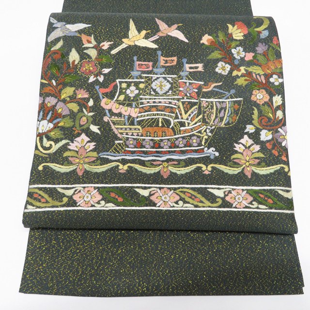 【 中古 】 袋帯 リサイクル 正絹 フォーマル 仕立て上がり お太鼓柄 蘇州刺繍 中国刺繍 花鳥の図 舟 金通し A1235-16 [結婚式 お宮参り 七五三 式典 お茶会 お茶席 茶道 利休忌 送料無料 きもの北條]