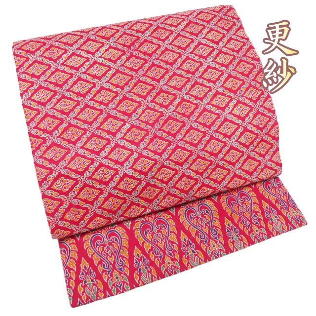 【 中古 】 名古屋帯 なごや帯 リサイクル 木綿 カジュアル 仕立て上がり 全通 タイ 更紗 赤色 多色 A1292-16 [観劇 コンサート お茶会 パーティー お食事 洒落帯 kimono 送料無料 きもの北條]
