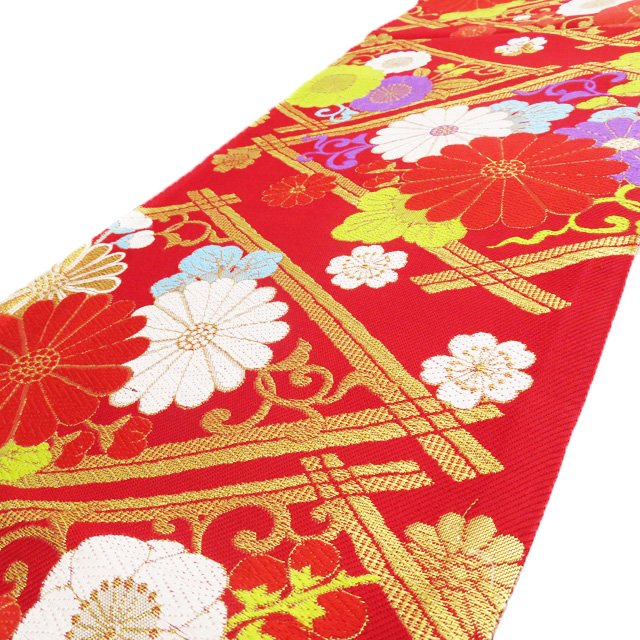＼ FINAL PRICE ／ 【 中古 】 振袖用 袋帯 リサイクル 着物 菱に花模様 梅 桜 菊 正絹 成人式 結婚式 結納 パーティー A816-17 [ 正絹 アウトレット 振袖 袋帯 kimono 販売 セール バーゲン 送料無料 きもの北條]｜特選リサイクル着物　きもの北條