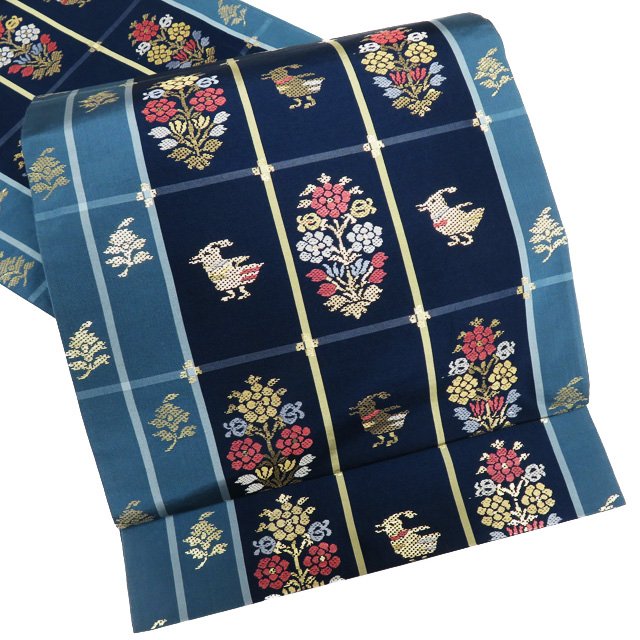 【 中古 】 特選 袋帯 カジュアル 正絹 仕立て上がり 六通 銀座 伊勢由 たとう紙付き 花鳥文様 箔糸 褐色 錆納戸色 金 A975-17 [ 和服 お茶会 お茶席 茶道 リサイクル着物 帯 kimono 通販 購入 送料無料 きもの北條]