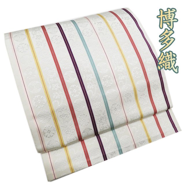 【 中古 】 名古屋帯 なごや帯 リサイクル 正絹 カジュアル 仕立て上がり 全通 三越扱い 博多織 縦段模様 灰白色 多色 A993-17 [ 和服 お茶会 お茶席 茶道 着物 帯 きもの kimono アウトレット 送料無料 きもの北條] 23,602円