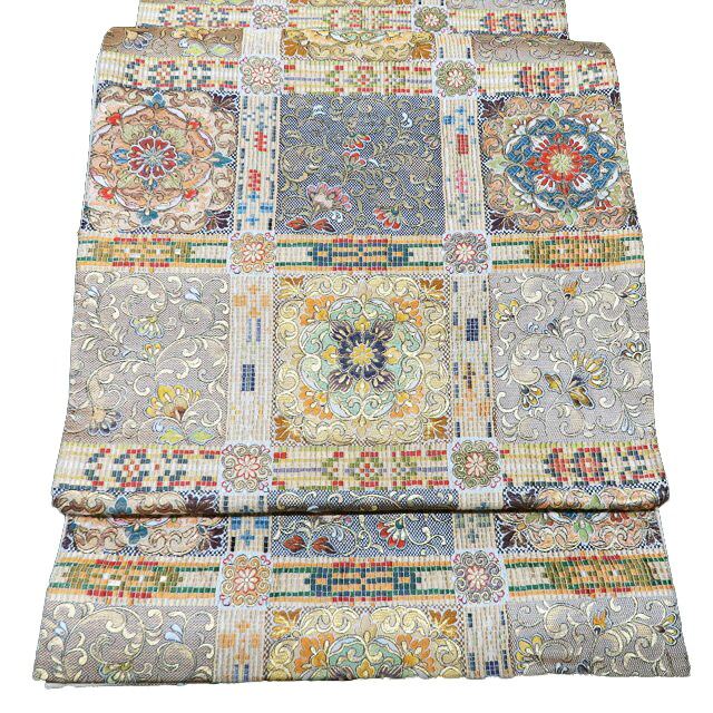 【 中古 】 袋帯 リサイクル 正絹 1200極細密織 六通 格天井文 華文 花紋 箔糸 金銀糸 フォーマル 多色 T752-17 [結婚式 お宮参り お茶会 お茶席 茶道 七五三 式典 利休忌 送料無料 きもの北條]