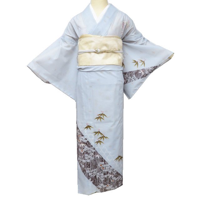 【 中古 】 夏物 付下げ 付け下げ 訪問着 リサイクル着物 ポリエステル 絽 竹と紅葉の図 薄雲鼠色 多色 身丈164cm 裄65.5cm L A1170-19 [和服 お茶会 お茶席 茶道 お宮参り 送料無料 きもの北條]