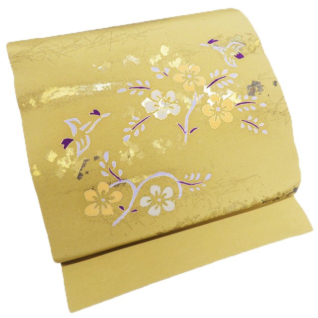 【 中古 】 特選 名古屋帯 なごや帯 リサイクル 正絹 仕立て上がり 金駒刺繍 作家物 落款 花の図 黄朽葉色 多色 金 A1185-21 [和服 お茶会 お茶席 茶道 kimono アウトレット 送料無料 きもの北條]