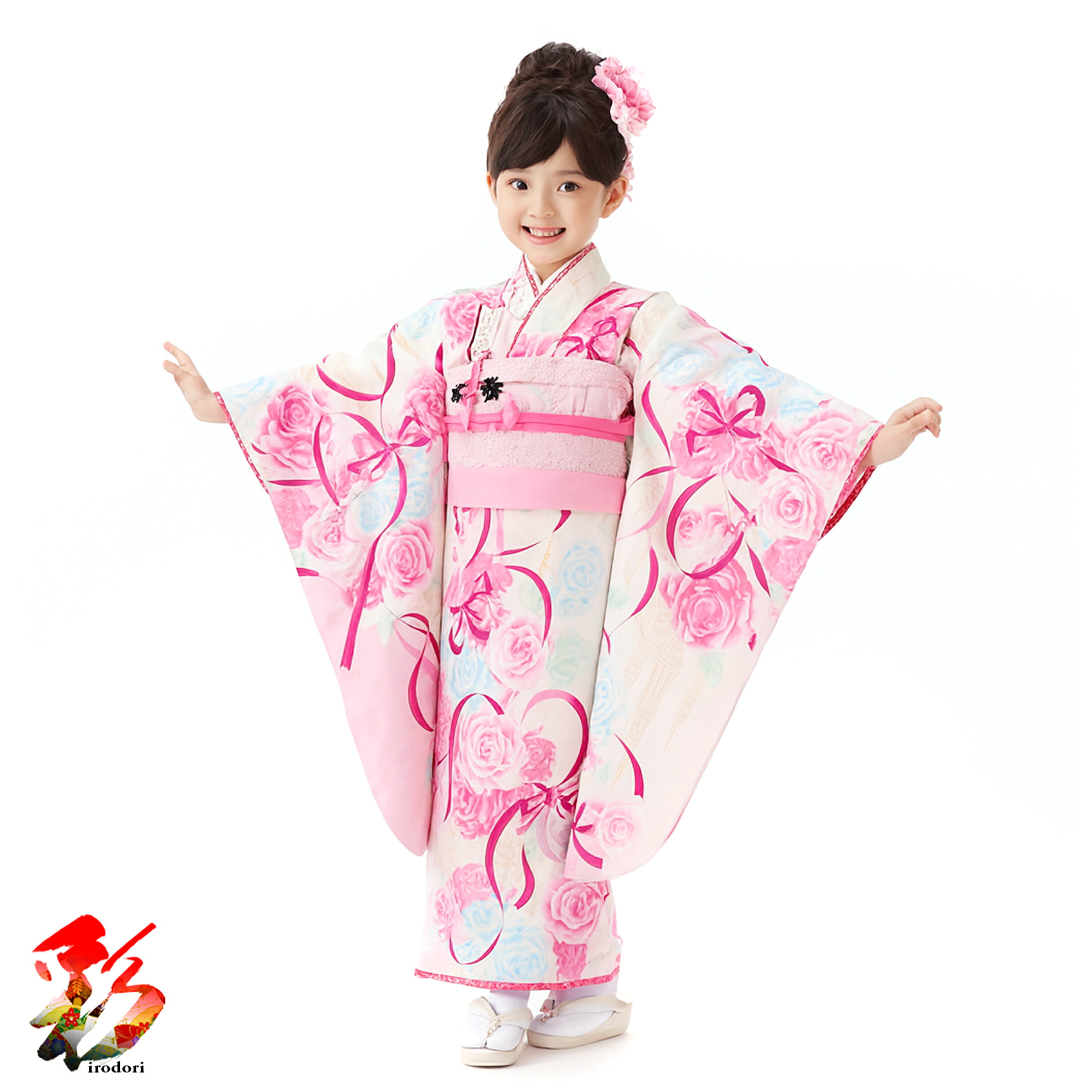 【レンタル】七五三 着物 7歳 フルセットレンタル 7girl-k883【seiko matsuda クリーム白色 パステルブルー 薔薇 リボン 】 松田聖子 ７歳女の子 子供 ＜br /＞ 往復送料無料 新品足袋プレゼント 着付けマニュアル付き