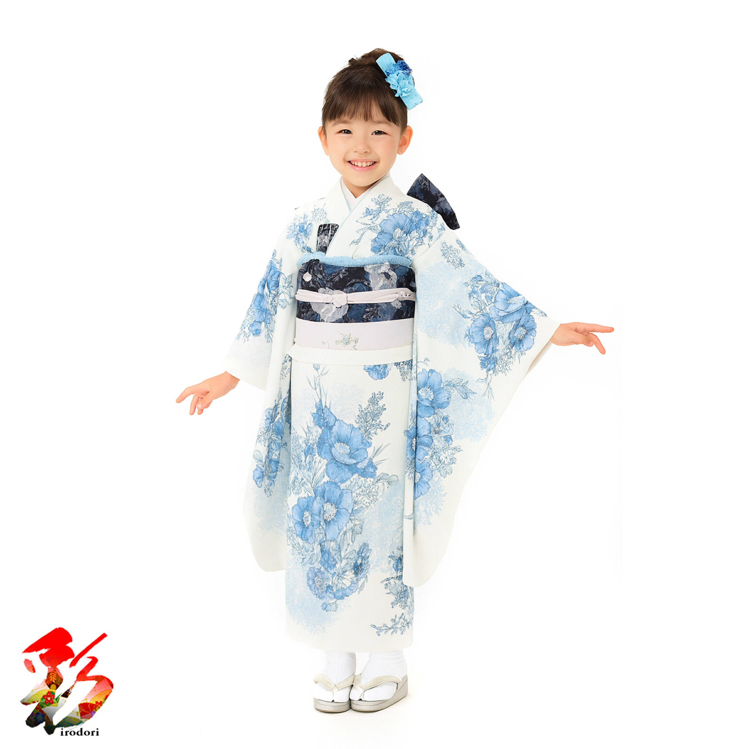 【レンタル】七五三 着物 7歳 フルセット レンタル 子ども お祝い着 正月 ブランド 7才 往復送料無料 新品足袋プレゼント 着付動画 着付けマニュアル付き ＜br /＞ 7girl-k903 JILL STUART 白 水色 アネモネジルスチュアート