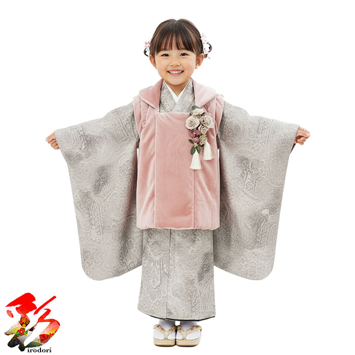 【レンタル】『グレー ピンクベロアの被布　花コサージュ』3girl-hf303七五三 着物 レンタル 3歳 女の子 被布 着物セット レンタル お宮参り お正月 ひなまつり往復送料無料 着付けマニュアル付き 新品足袋プレゼント｜着物レンタルand販売　彩