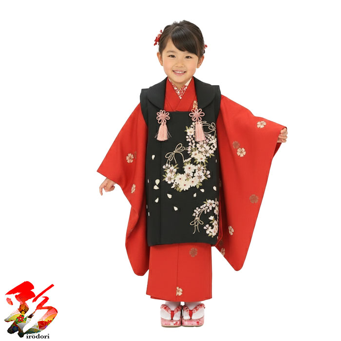 【レンタル】『夢工房 黒小花 桜リボンブーケの被布』3girl-hf335 七五三 着物 レンタル 3歳 女の子被布 着物セット レンタル お宮参り お正月 ひなまつり 往復送料無料 着付けマニュアル付き 新品足袋プレゼント