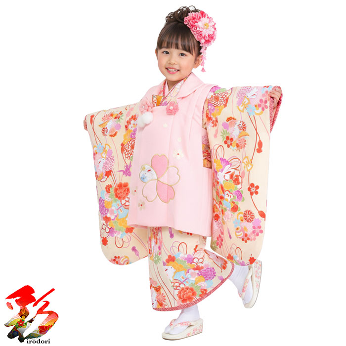 七五三　3歳女の子　着物・被布セット　白とピンク　うさぎ飾り　カラフル被布　新品 被布セット|花うさぎ|90〜100cm|七五三着物3歳|女の子(被布)フル
