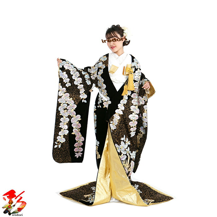 花嫁衣裳、打掛、黒銀レース薔薇 色打掛レンタル 黒色/老松に藤 NT-134 | 色打掛レンタル