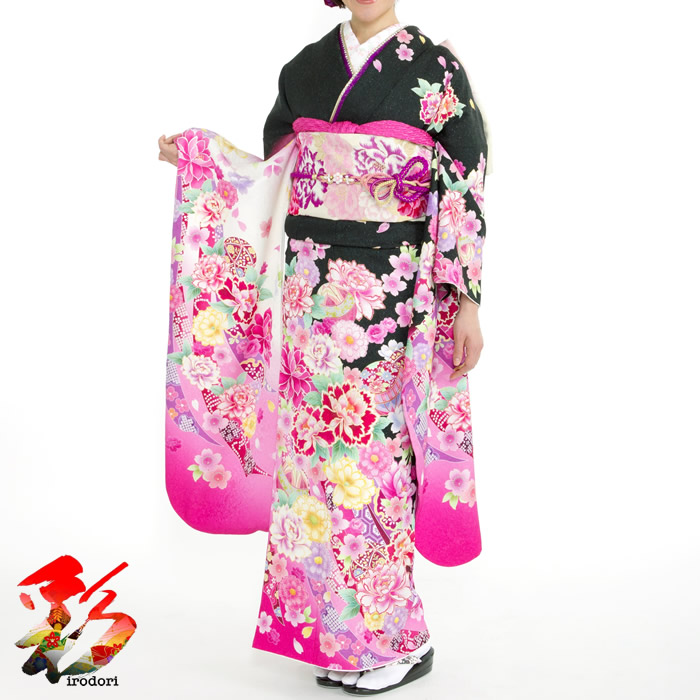 正規 成人式振袖フルセットレンタル 155cm 165cm位 2月 11月 成人式振袖フルセットレンタル 2月 11月 黒ラメ グラデーションピンク 鞠リボン桜 B023成人式式典出席お正月や結婚式 結納などのお祝い出席に いかがでしょうか 21年ファッション福袋