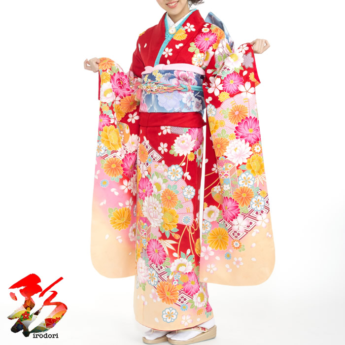 【レンタル】『赤にピンクの花と扇　大島優子』20-r027＜br /＞成人式 振袖フルセット レンタル 成人式式典 お正月 結婚式 結納お祝い出席＜br /＞ (身長155cm～164cm位) (1月・12月)　往復送料無料　30日間長期レンタル可能