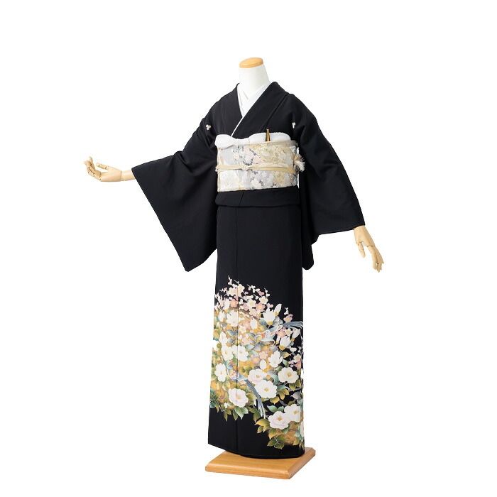 【レンタル】【黒留袖】 『椿に尾長鳥』izumo-i-t6083　正絹　結婚式　貸衣装　黒留袖レンタル　着物　母親　着物レンタル　フルセット　留袖レンタル　レンタル衣装　女性　【往復送料無料】【新品足袋プレゼント】