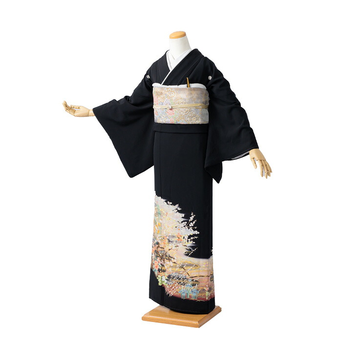 【レンタル】【黒留袖】【ゆったりサイズ】 『庭園』izumo-i-t7795　正絹　結婚式　貸衣装　黒留袖レンタル　着物　母親　着物レンタル　フルセット　留袖レンタル　レンタル衣装　女性　【往復送料無料】【新品足袋プレゼント】