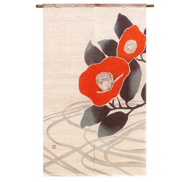 【送料無料】【大正ロマン ろうけつ染め 紅椿 ジュート63% 麻37% 88×150cm】麻のれん のれん 暖簾 万葉舎 京のれん 日本製 おしゃれ ロング 和風 インテリア 夏 春 日除け 風よけ 目隠し プレゼント 贈り物 贈答品 生成り 古典柄 洋室 洋風|おしゃれ kimono いろは