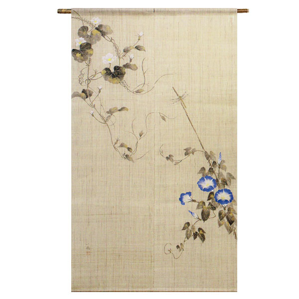 【送料無料】【手描きのれん 江戸琳派 朝顔夕顔図 麻100％ 88×150ｃｍ】麻のれん のれん 暖簾 万葉舎 京のれん 日本製 おしゃれ ロング 和風 インテリア 夏 春 秋 冬 日除け 風よけ 目隠し プレゼント 贈り物 贈答品 本麻 古典 レトロ 生成り