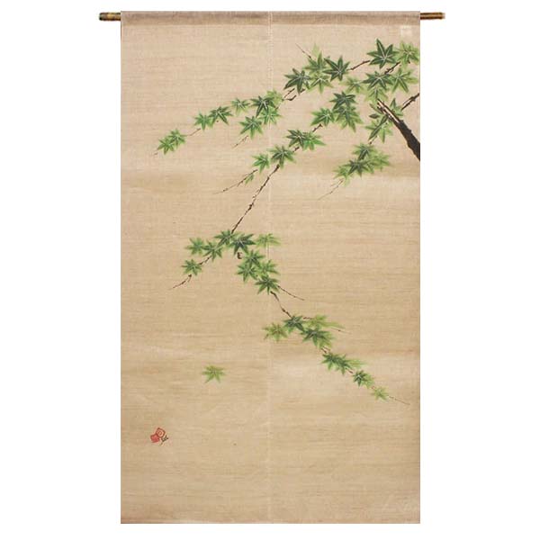 【送料無料】【手描きのれん 青もみじ 麻100％ 88&times;150ｃｍ】麻のれん のれん 暖簾 万葉舎 京のれん 日本製 おしゃれ ロング 和風 インテリア 夏 春 秋 冬 日除け 風よけ 目隠し プレゼント 贈り物 贈答品 本麻 古典 レトロ｜おしゃれ　kimono　いろは