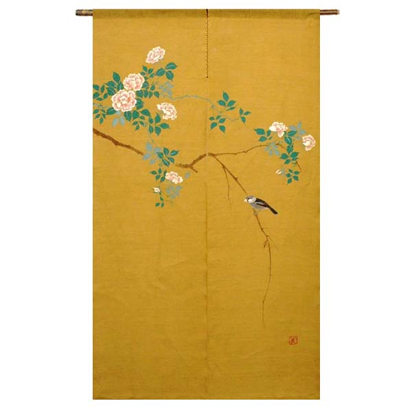 【送料無料】【手描きのれん 薔薇に文鳥 麻100％ 88×150ｃｍ】麻のれん のれん 暖簾 万葉舎 京のれん 日本製 おしゃれ ロング 和風 インテリア 夏 春 秋 冬 日除け 風よけ 目隠し プレゼント 贈り物 贈答品 本麻 古典 レトロ バラ
