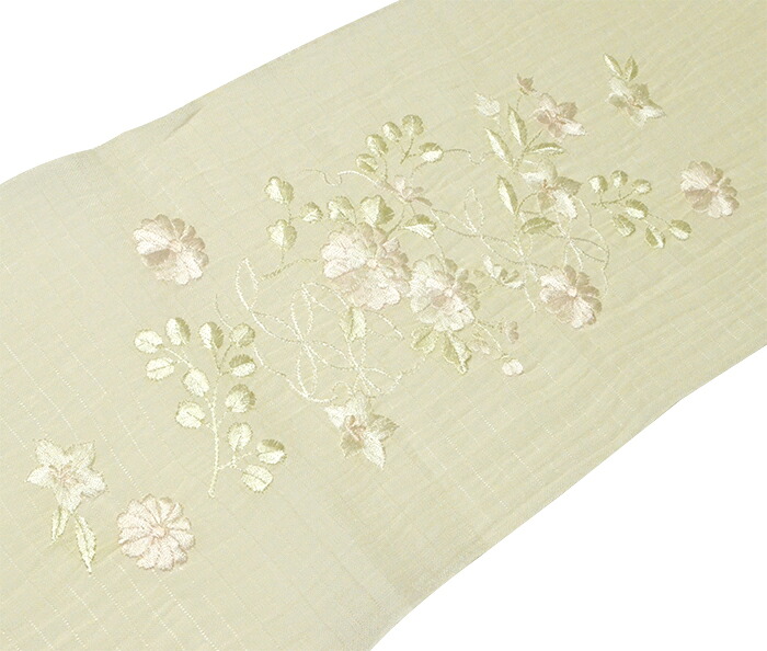 麻（小千谷縮）　夏物半衿　 絽　薄黄色　菊・桔梗刺しゅう　 【半襟】【女性】【レディース】【夏きもの】【日本製】