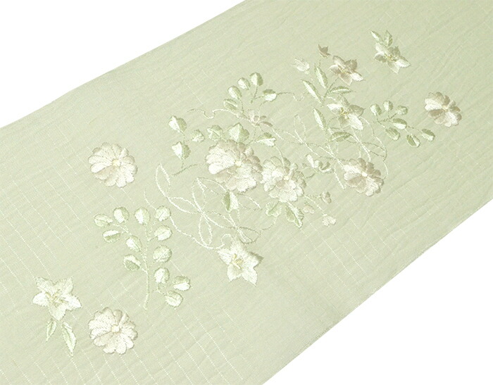 麻（小千谷縮）　夏物半衿　 絽　薄緑　菊・桔梗刺しゅう　 【半襟】【女性】【レディース】【夏きもの】【日本製】