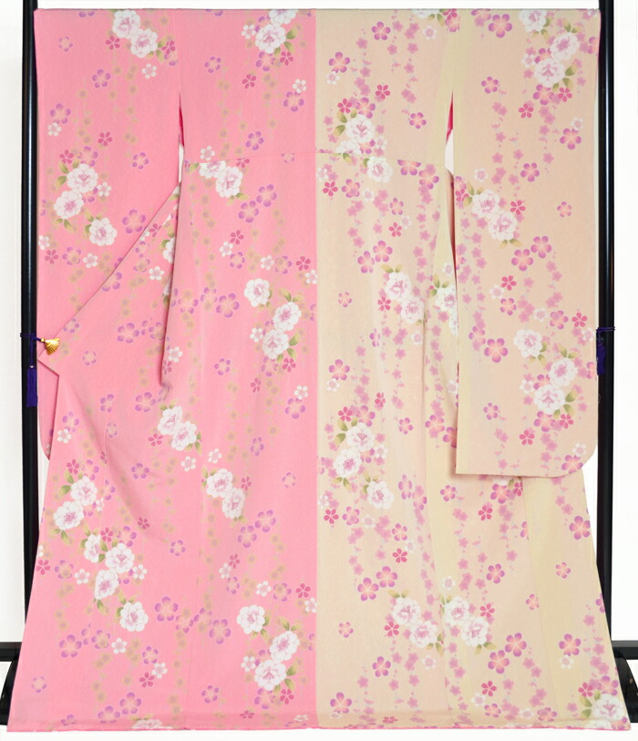 ≪卒業式・成人式向け≫ ちりめん振袖 単品 ピンク×ミルキークリーム 桜柄 身丈174cm