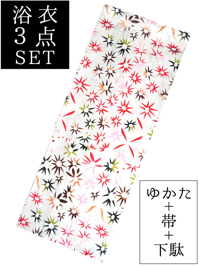 ≪凪≫　お仕立て上がり綿麻浴衣３点セット　 オフホワイト　花火　 ☆もれなく帯＆下駄プレゼント☆　 【フリーサイズ】【単品に変更可能】　 【女性】【レディース】