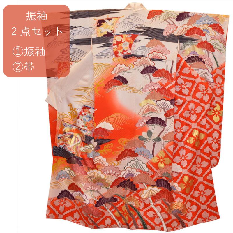振袖２点セット 新品同様 正絹 高級振袖 京都 橋本 手描き友禅 白地 帆 鳳凰 松 丸洗い済み 身丈１６１，５cm 裄６８cm 袋帯 尾張名彩錦 花織 金茶 小花 成人式 結婚式 パーティ 振袖セット 着物 中古 リサイクル着物 着物屋 ネット 通販 送料無料 (10-04-40)