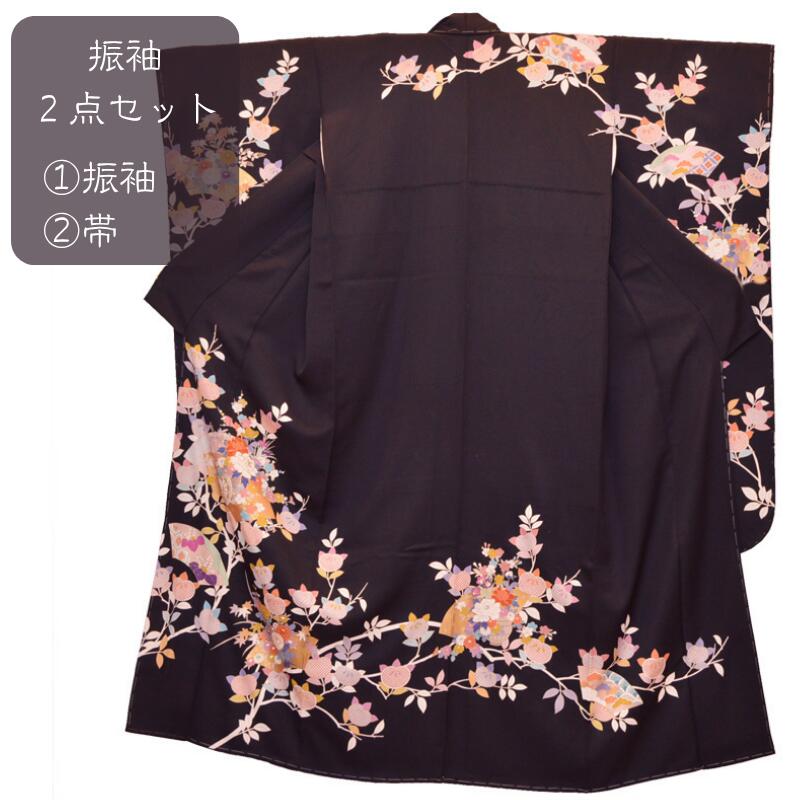 振袖２点セット 新品 正絹 高級振袖 トールサイズ 京友禅 黒地 扇 様々な花文様 身丈１６５cm 裄６８cm 袋帯 新品同様 金 朱 白 花文様 成人式 結婚式 パーティ 振袖セット 振袖 着物 中古 リサイクル着物 着物屋 ネット 通販 送料無料 (10-04-53)