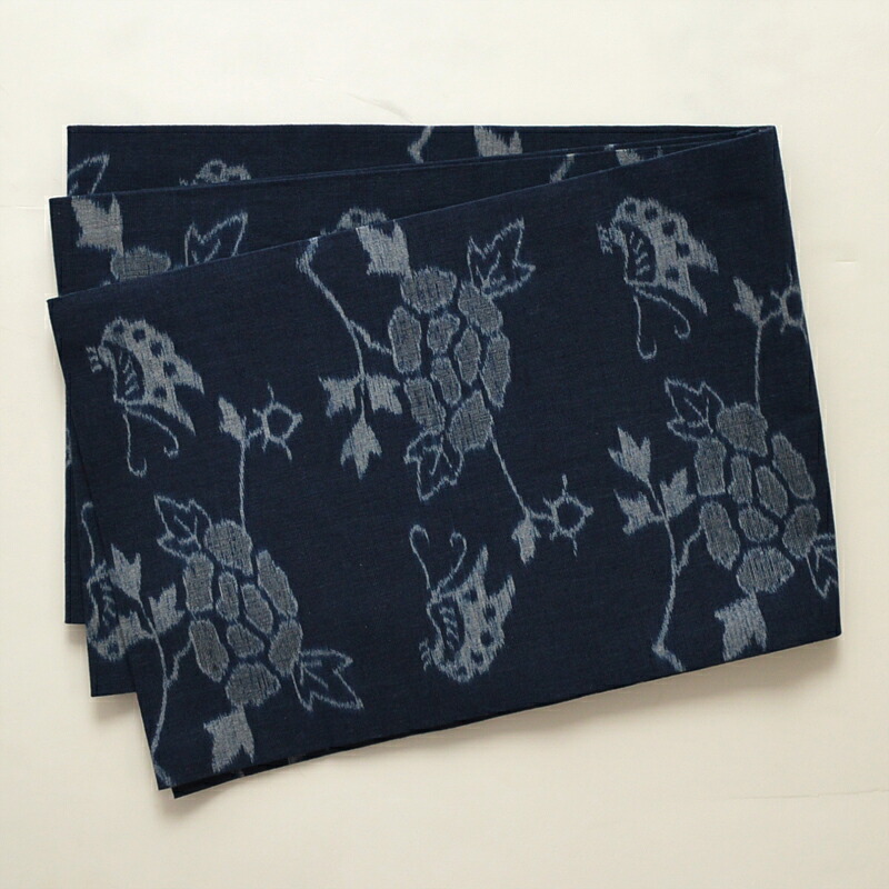 【SALE★30％OFF】 弓浜絣 名古屋帯 証有り 綿100% 手織り 手染め 手括り ３m６０cm 鳥取県 伝統工芸品 藍色 蝶 花 中古 着物 帯 リサイクル店 着物屋 通販 送料無料 (04-02-34)