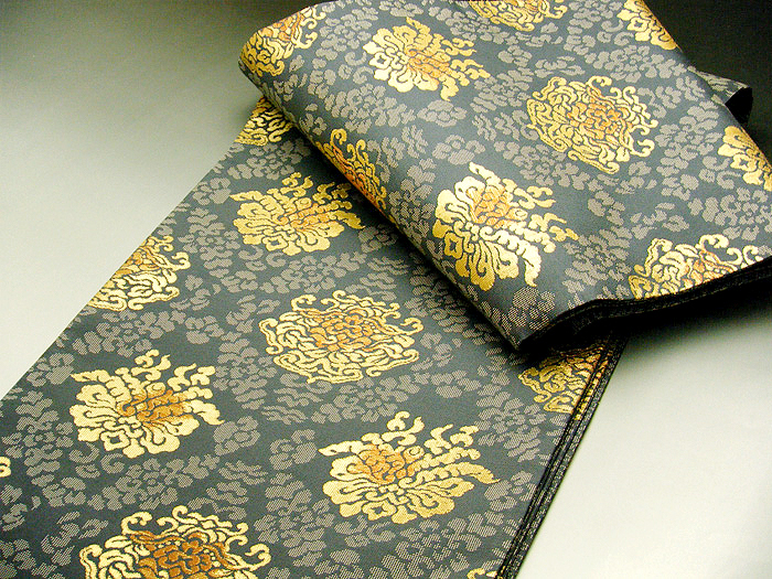 小鳥 刺繍のシャレ袋帯 インコ モダン帯 黒帯 正絹 ポイント柄 浴衣