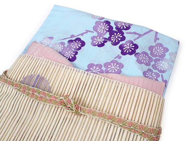 洗える夏着物 コーディネート 4点セット L サイズ 水色地 枝梅柄 夏きもの 半円幾何学柄 絽つづれ 名古屋帯 絽 帯揚げ 平組 帯締め 和装 和服 レディース 女性 カジュアル 普段着 おでかけ お気軽 上品 夏 吸汗速乾 きもの 涼しい 洗える あす楽 送料無料