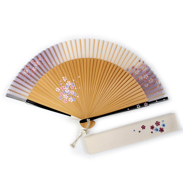 扇子袋 女性用夏物オシャレ扇子 プレゼント レディース 桜かすみ 2点セット せんす 箱入り 大きめ 扇子 扇子袋 パープル プレゼント お誕生日やさりげないお礼などのギフトにも最適 Large Size エコ ギフト 春 夏 母の日 婦人 女性 女 シルク 京扇子 せんす あす楽