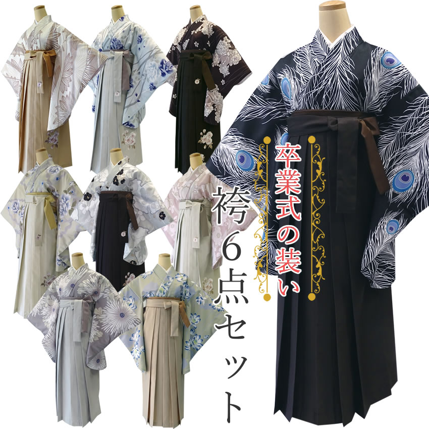 袴セット 卒業式 6点セット 二尺袖着物 袴 袴下帯 長襦袢 腰紐2本 フリーサイズ 袴 S M L LL 大学生 中学生 小学生 短大 大学 専門学校 謝恩会 セレモニー コスプレ 仮装 パーティー 24,420円