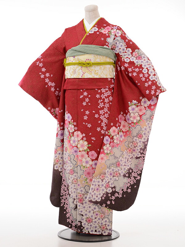 【レンタル】エンジ ラメ 桜 かのこ 振袖 成人式 結納 結婚式 およばれ 貸衣装 正絹 古典 前撮り かわいい モダン 往復送料無料 フルセット 着物レンタル 女性和服 ふりそで れんたる せいじんしき 人気 振り袖 成人式レンタル 卒業式 着物
