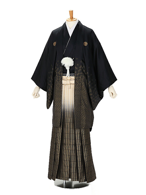 【レンタル】結婚式 ブライダル 成人式におすすめ!【正絹】紺菱杉ゴールドラメ×白黒ゴールド若松 紋付き 羽織袴レンタル 紋付 着物【紋服】【成人式】【紋付】|ネットで着物レンタル京都屋