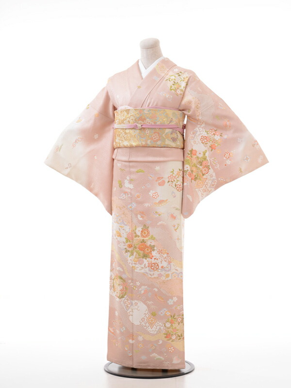 【賃貸】短い訪問着 御芽出度 御芽出度 およばれ 賃貸 貨物輸送無料 御召しもの（パステル色のサーモンピンクベージュかのこ宝づくし）成年者サクラ色