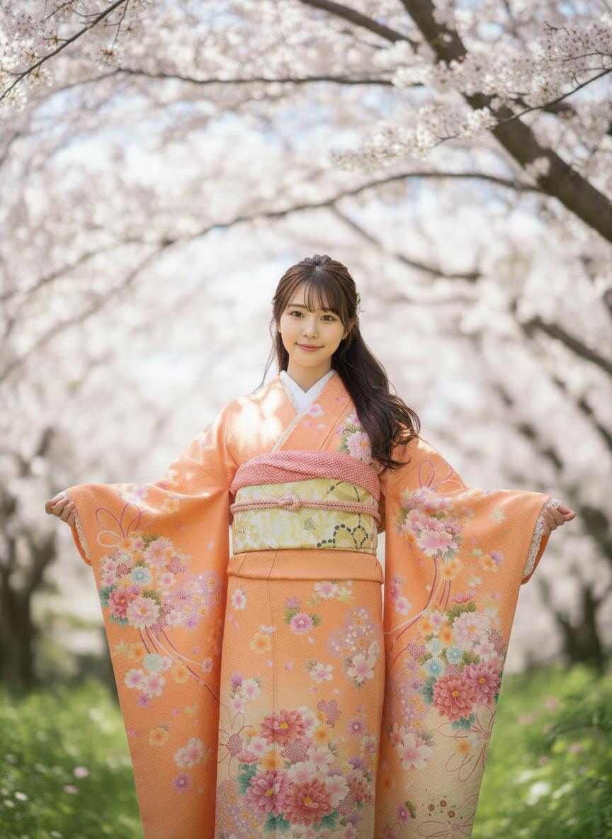 【レンタル】サーモンオレンジピンク花束 振袖 成人式 結納 結婚式 およばれ 貸衣装 正絹 古典 前撮り かわいい モダン 往復送料無料 フルセット 着物レンタル 女性和服 ふりそで れんたる せいじんしき 人気 振り袖 成人式レンタル 卒業式 着物