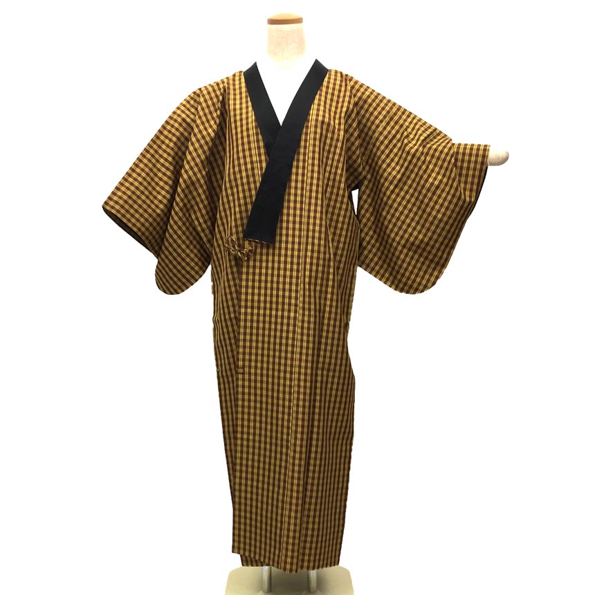 京やM278　正絹　着物用コート　和装コート　千代田衿　ロング丈　身丈131　裄64.5　格子柄　チェック　イエロー　黄色　袷・単衣着物兼用　仕立て上がり　お洒落コート　リサイクル着物【新古品】【美品】【中古】｜きもの館　京や