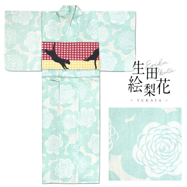 乃木坂46 生田絵梨花デザイン 変わり織り浴衣 レディース ウィメンズ 単品 夏用 綿100 すぐに着られる お仕立て済み 紅梅織り 薄いオフホワイト地に薄いミントグリーン色の椿柄 モノトーン フリーサイズ Mサイズ Lサイズ あす楽 送料無料 Runawayapricot Com