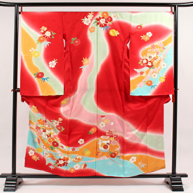 【4/14 20:00-★最大2000円OFFクーポン】 七五三 7歳 着物 手描き京友禅 正絹京友禅四つ身絵羽模様振袖 赤地 赤色 流水貝桶文 女の子 七五三 着物 7歳 祝い着 全て正絹100% 子供用 七歳 七才 女児
