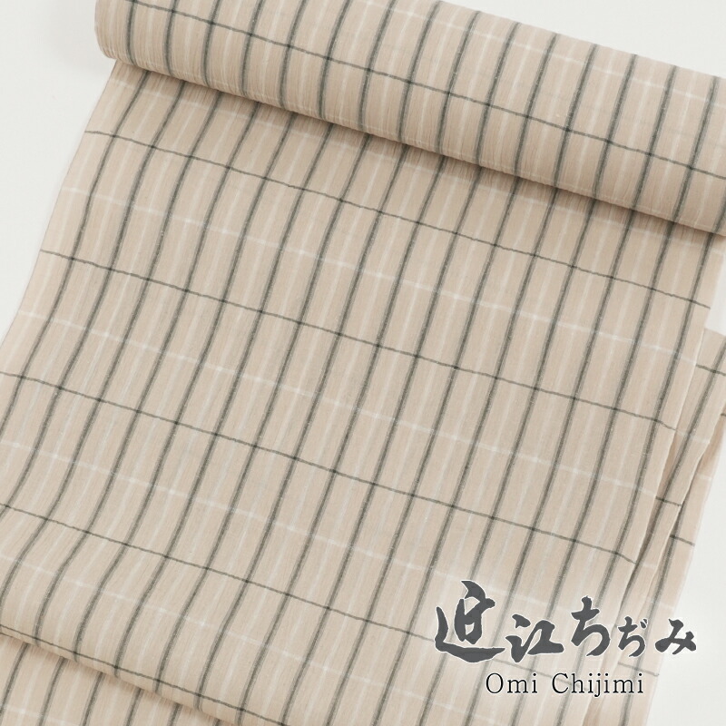 近江ちぢみ 綿麻50％ 格子柄 ベージュ系 夏きもの 生地 近江縮み 川口織物 上質 夏着物 反物｜きもの　和＜なごみ＞