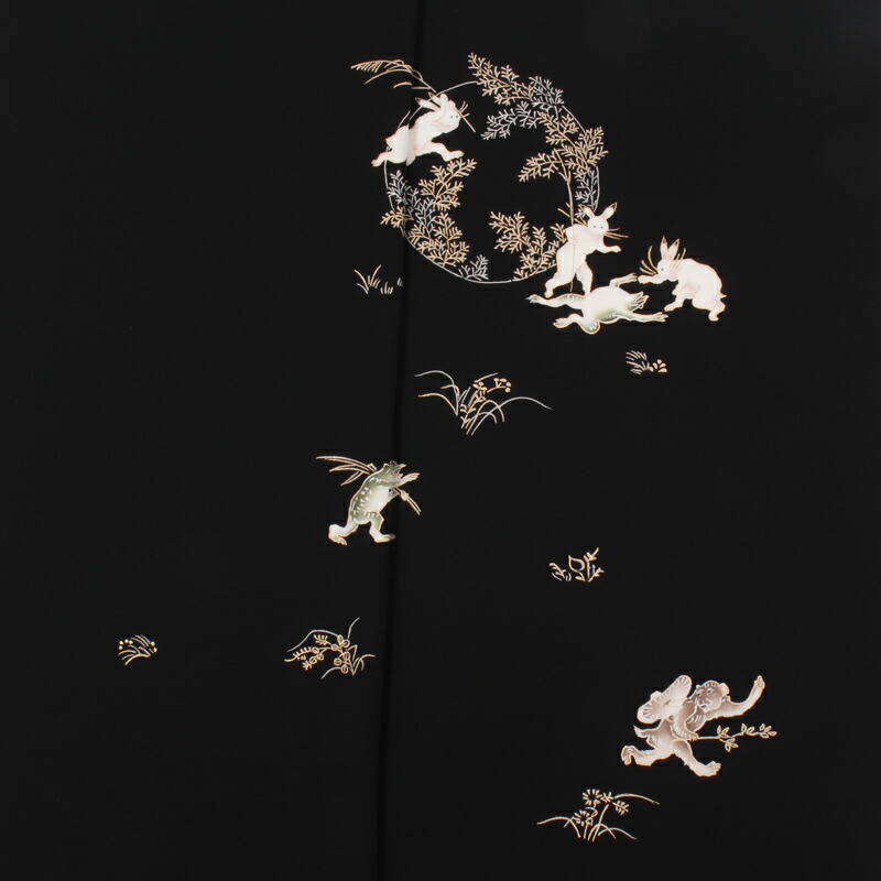【4/14 20:00-★最大2000円OFFクーポン】 特選手描き京友禅付下げ着尺 正絹 鳥獣戯画 黒地 丹後ちりめん 糊糸目友禅 附下 反物 「日本製」うさぎ 蛙