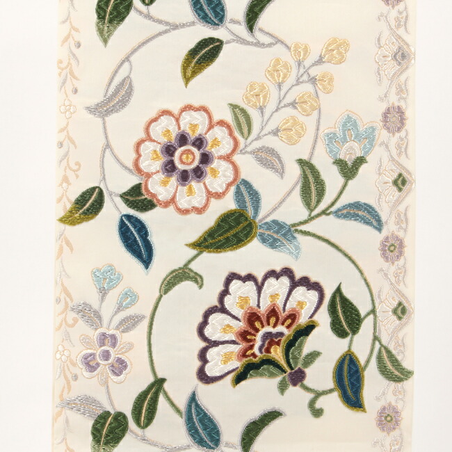 9 18 全品10 オフ 西陣の高家 鈴木 特選西陣唐織袋帯 唐綾錦 スポット繡更紗献上文様 オフホワイトグランド 唐織 正絹袋帯 礼装遣い道 翠緑容れもの Donloree Com