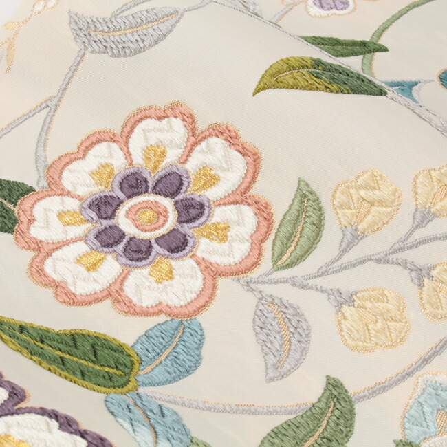 9 18 全品10 オフ 西陣の高家 鈴木 特選西陣唐織袋帯 唐綾錦 スポット繡更紗献上文様 オフホワイトグランド 唐織 正絹袋帯 礼装遣い道 翠緑容れもの Donloree Com